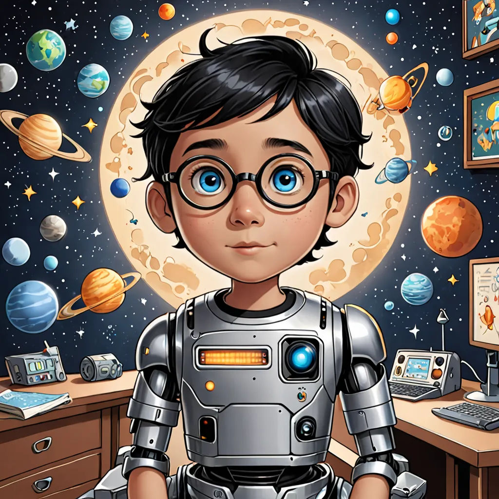 a boy in a space suit sitting in front of a desk with a laptop and a computer monitor on it, space art, a storybook illustration, Aaron Jasinski, comic cover art