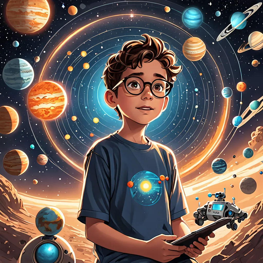 a boy in a blue shirt holding a remote control in front of a solar system with planets and stars, space art, a storybook illustration, Aaron Jasinski, highly detailed digital painting