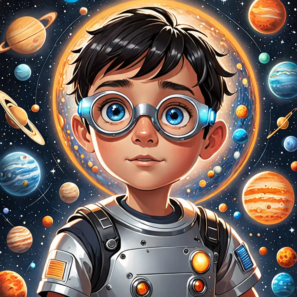 a boy in a space suit with goggles on and planets around him, with a blue eye patch, space art, a character portrait, Aaron Jasinski, comic cover art