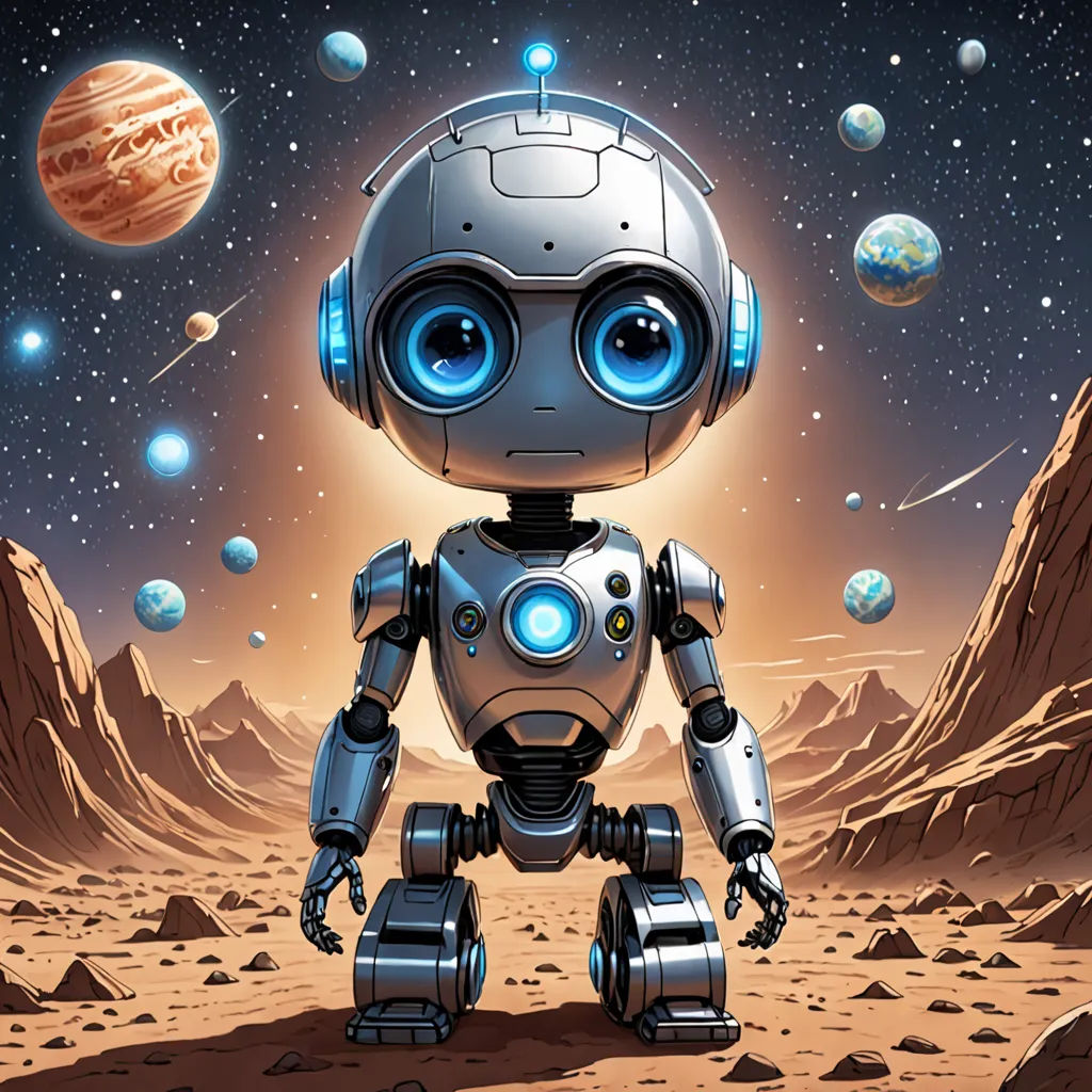 a robot standing in the middle of a desert area with planets in the background and a bright blue light shining on the ground, space art, concept art, Dan Mumford, josan gonzales and dan mumford