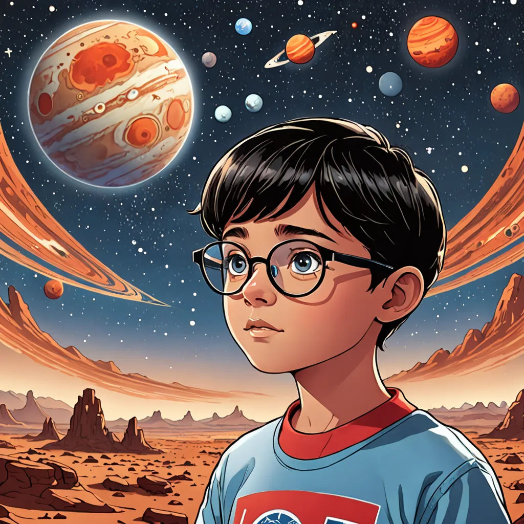 a boy with glasses standing in front of a planet with a star in the background and a red and blue shirt, space art, a comic book panel, Asaf Hanuka, comic cover art