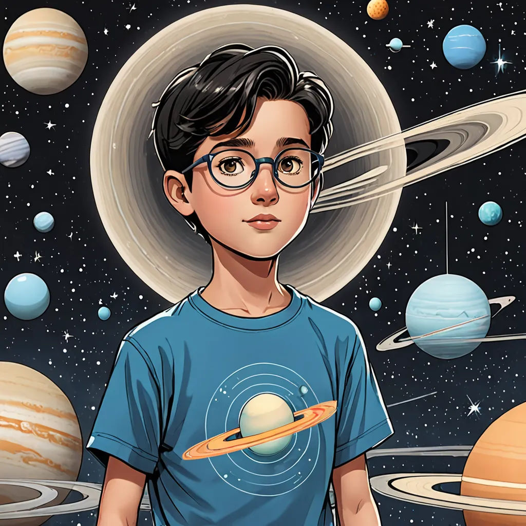 a boy with glasses standing in front of a solar system with planets and stars in the background, with a space shuttle in the sky, space art, a comic book panel, Diego Gisbert Llorens, comic cover art