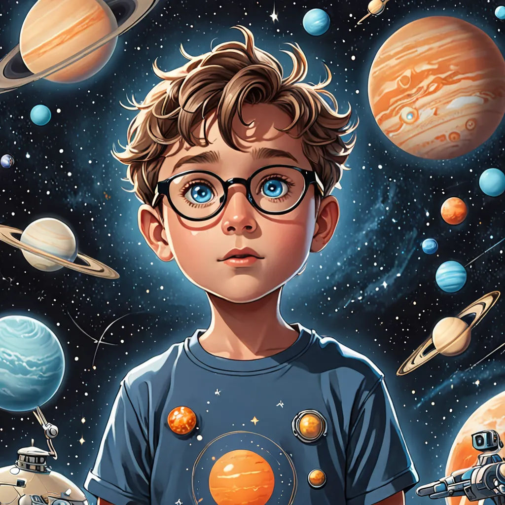 a boy with glasses and planets in the background of him is looking at the camera and is staring at the camera, space art, poster art, Aaron Jasinski, highly detailed digital painting