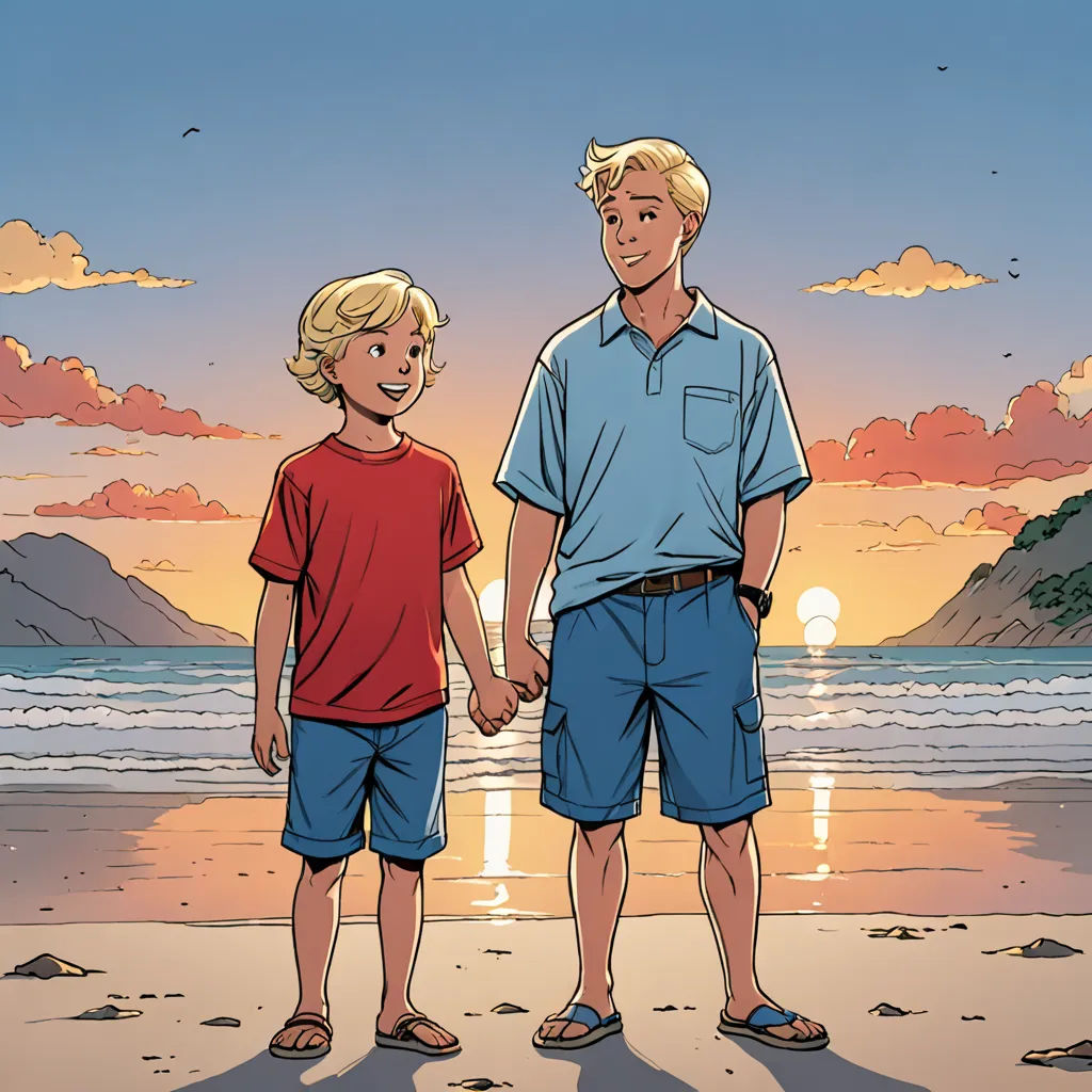 a man and a boy standing on a beach holding hands and looking at the ocean at sunset with a sunset in the background, private press, a comic book panel, Brothers Hildebrandt, comic cover art