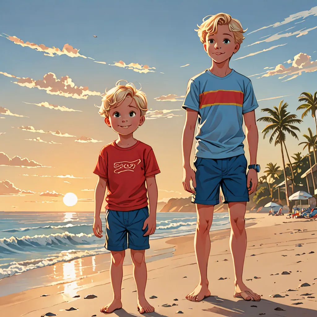 a painting of two boys standing on a beach at sunset with the sun setting behind them and palm trees, photorealism, a comic book panel, Brothers Hildebrandt, rossdraws global illumination