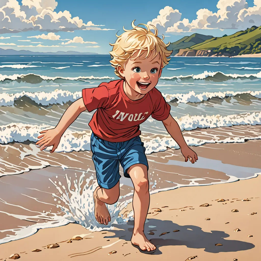 a boy running on the beach towards the ocean with waves crashing on him and a mountain in the background, photorealism, a storybook illustration, Colin Middleton, stanley artgerm lau