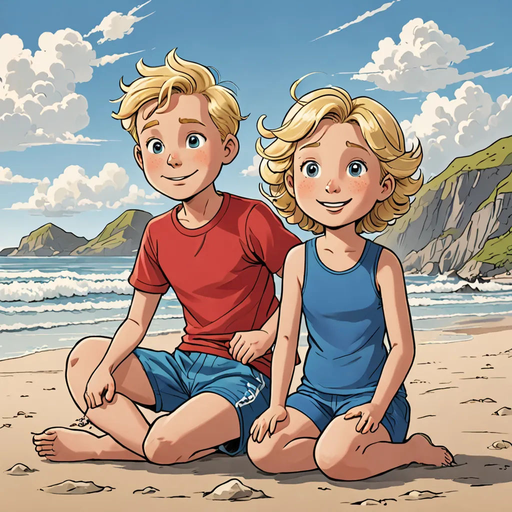a boy and a girl sitting on the beach together, looking at the camera and smiling, with a view of the ocean behind them, lyco art, a storybook illustration, Diego Gisbert Llorens, comic cover art
