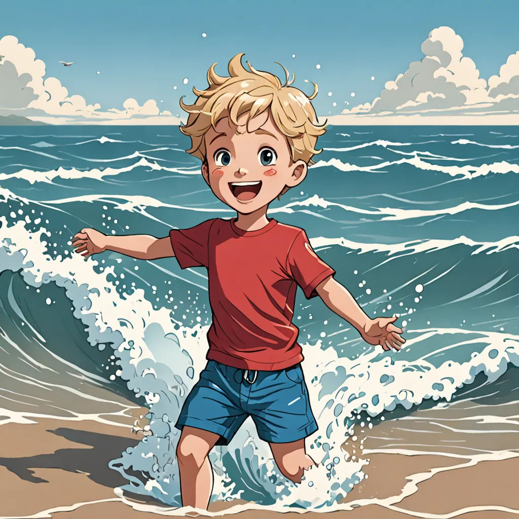 a boy running on the beach near the ocean waves and a sky with clouds in the background illustration by alex krawc, rayonism, a storybook illustration, Diego Gisbert Llorens, ocean