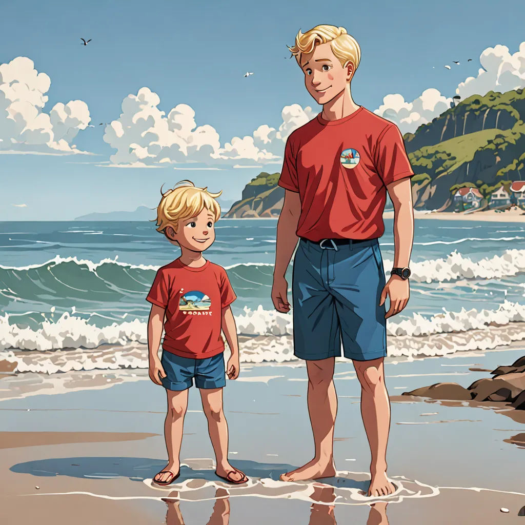 a man and a boy standing on a beach next to the ocean with a mountain in the background and a body of water, rayonism, a comic book panel, Brothers Hildebrandt, official art