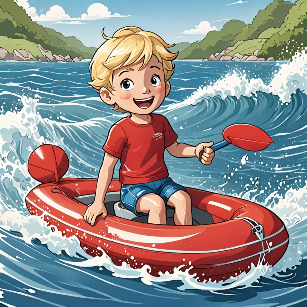 a boy riding a raft in the ocean on a sunny day with a paddle boat in the water and a mountain in the background, sots art, a storybook illustration, Cliff Childs, promotional image