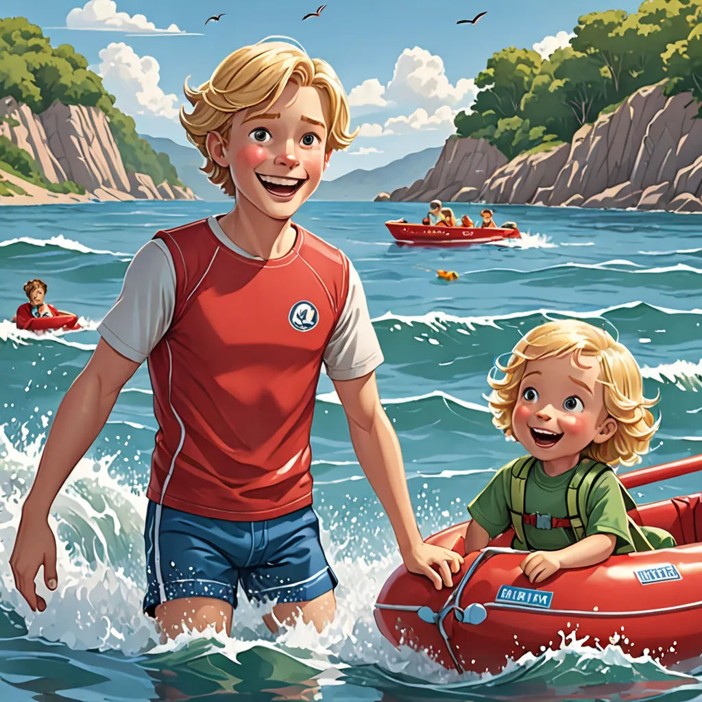 a boy and a girl are in a raft in the water with a boat in the background and a man in a life jacket, socialist realism, a storybook illustration, Brothers Hildebrandt, official art