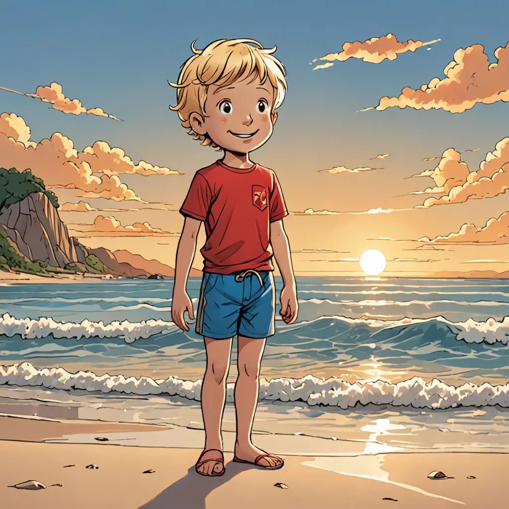 a boy standing on a beach with the sun setting behind him and the ocean in the background with clouds, lyco art, a comic book panel, Diego Gisbert Llorens, comic cover art