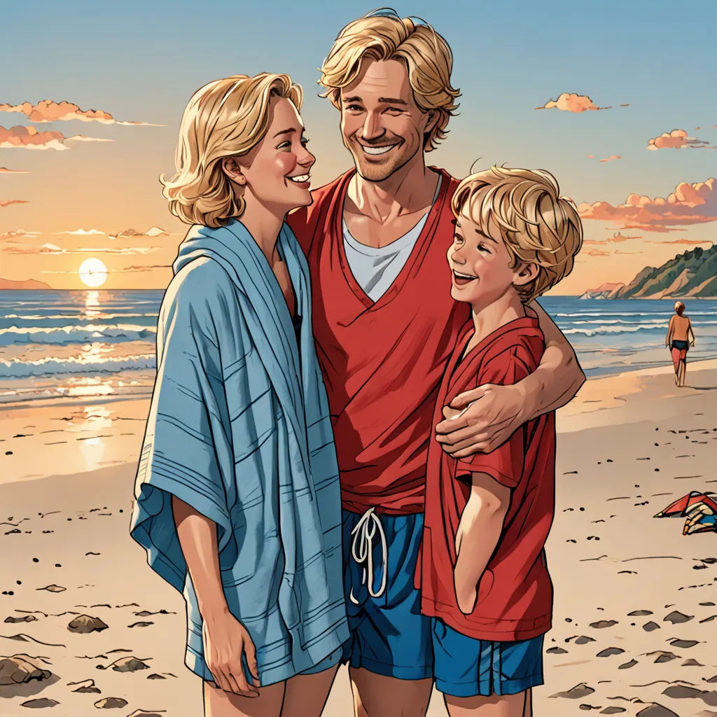 a man and two children standing on a beach near the ocean at sunset with a man in a red shirt and a woman in blue shorts, fantastic realism, a comic book panel, F. Scott Hess, official art
