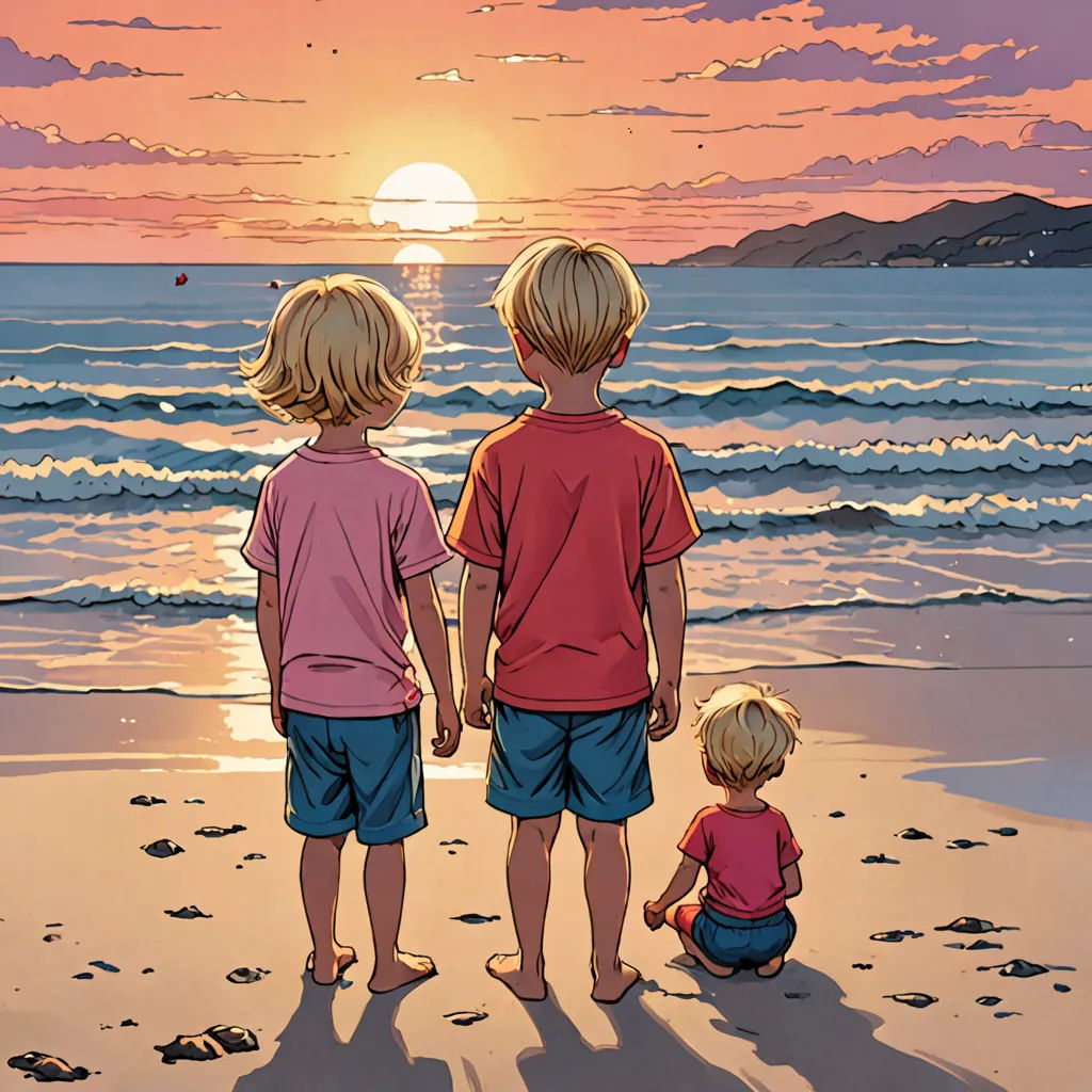 two children standing on a beach looking at the ocean at sunset with the sun setting behind them and a person holding the hand of the child's hand, hyperrealism, a comic book panel, Brothers Hildebrandt, comic cover art