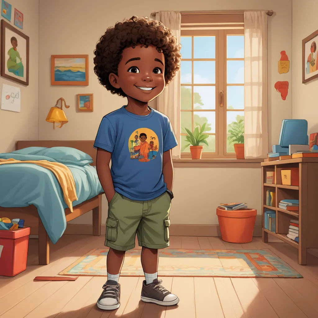 a cartoon boy standing in a bedroom with a bed and a desk in the background and a window with a plant, photorealism, a storybook illustration, Chris LaBrooy, storybook illustration