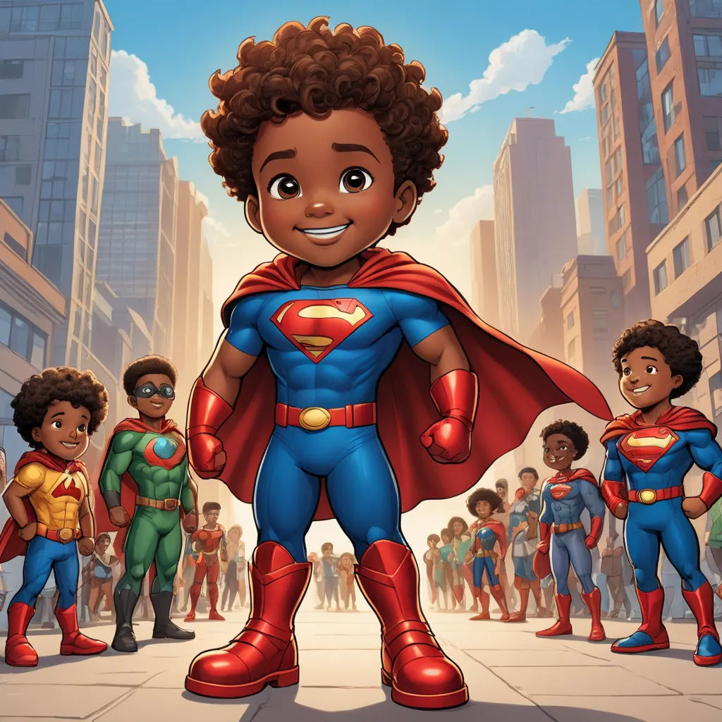 a cartoon of a boy dressed as a superman standing in front of a group of other children in a city, harlem renaissance, a comic book panel, Everett Warner, comic cover art