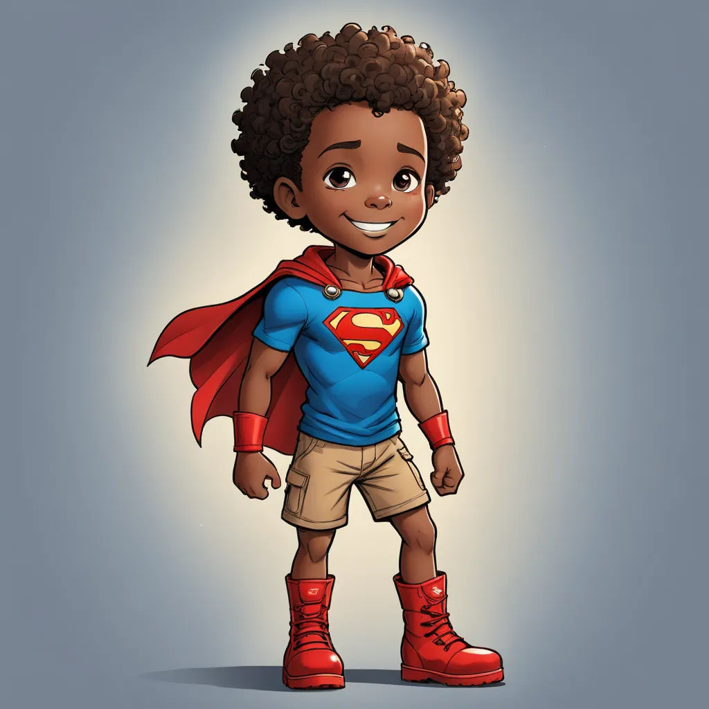 a cartoon boy dressed as a superman with a cape on his head and a smile on his face, standing in a pose, lyco art, concept art, Everett Warner, character art