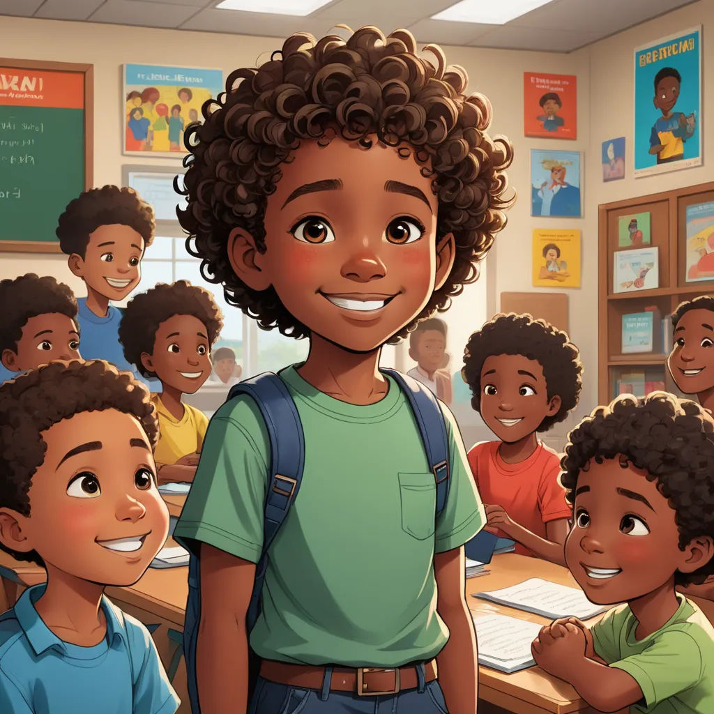 a cartoon of a boy standing in front of a classroom full of children with a teacher in the background, harlem renaissance, a storybook illustration, Chris LaBrooy, official art