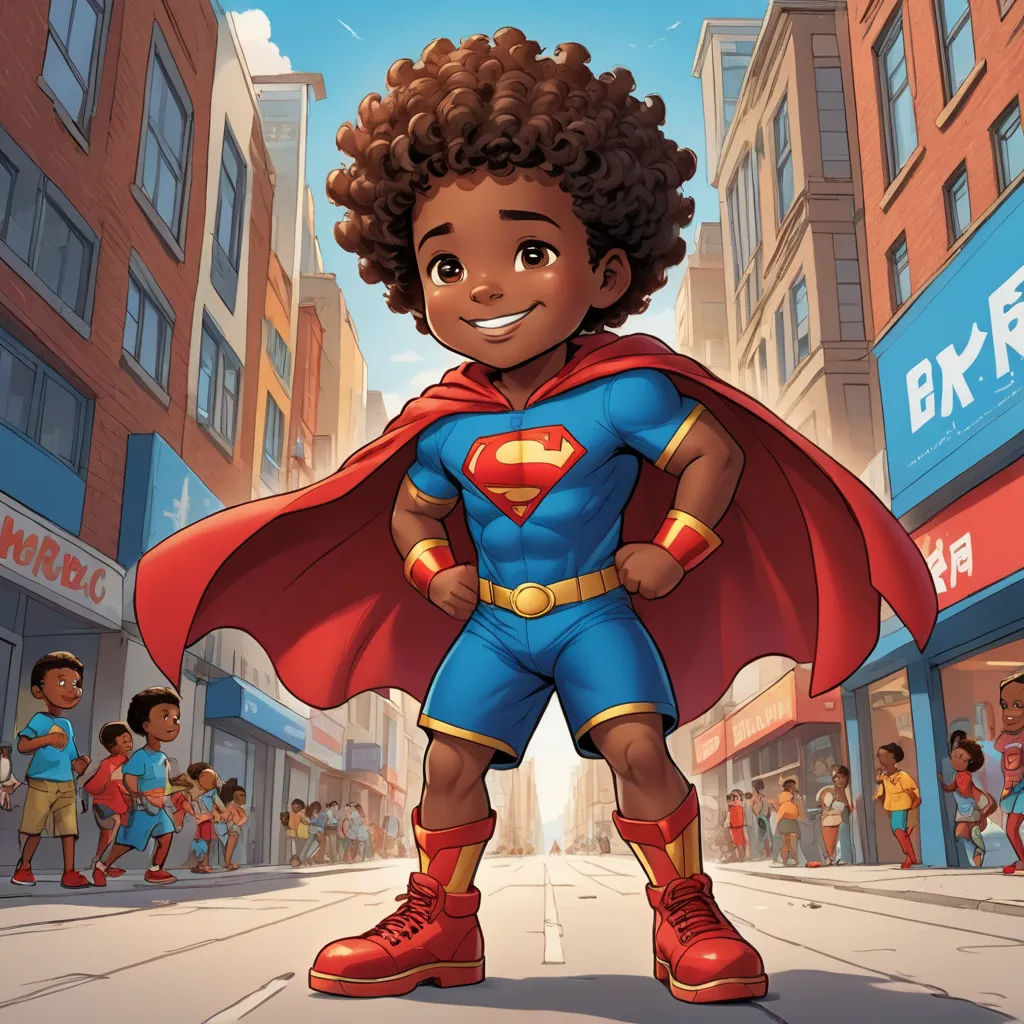 a cartoon of a boy dressed as a superman standing in the street with a crowd of people behind him, afrofuturism, a comic book panel, Everett Warner, comic cover art