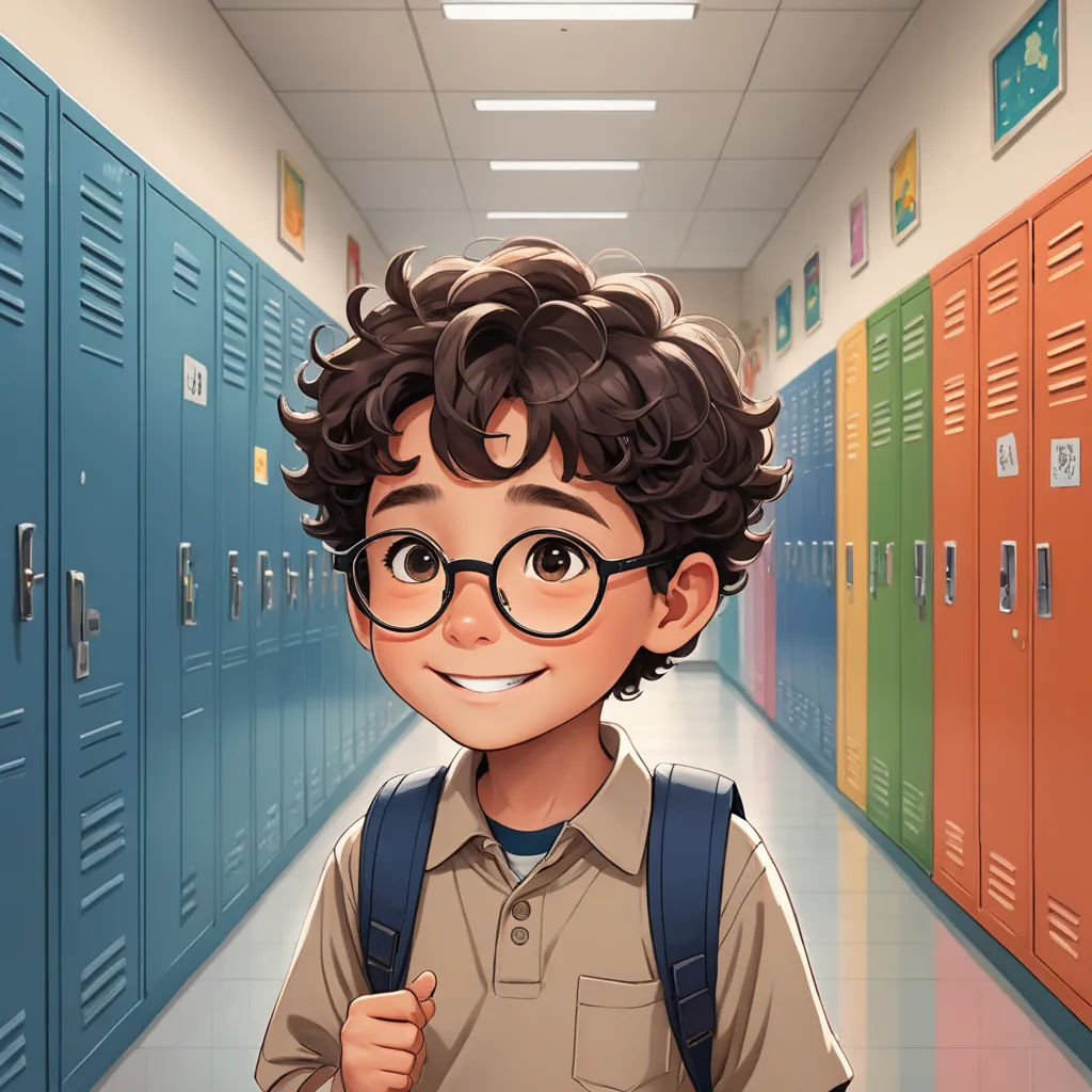 a boy with glasses and a backpack in a hallway of lockers with lockers in the background and a smiling man in the foreground, american scene painting, a character portrait, Everett Warner, official art