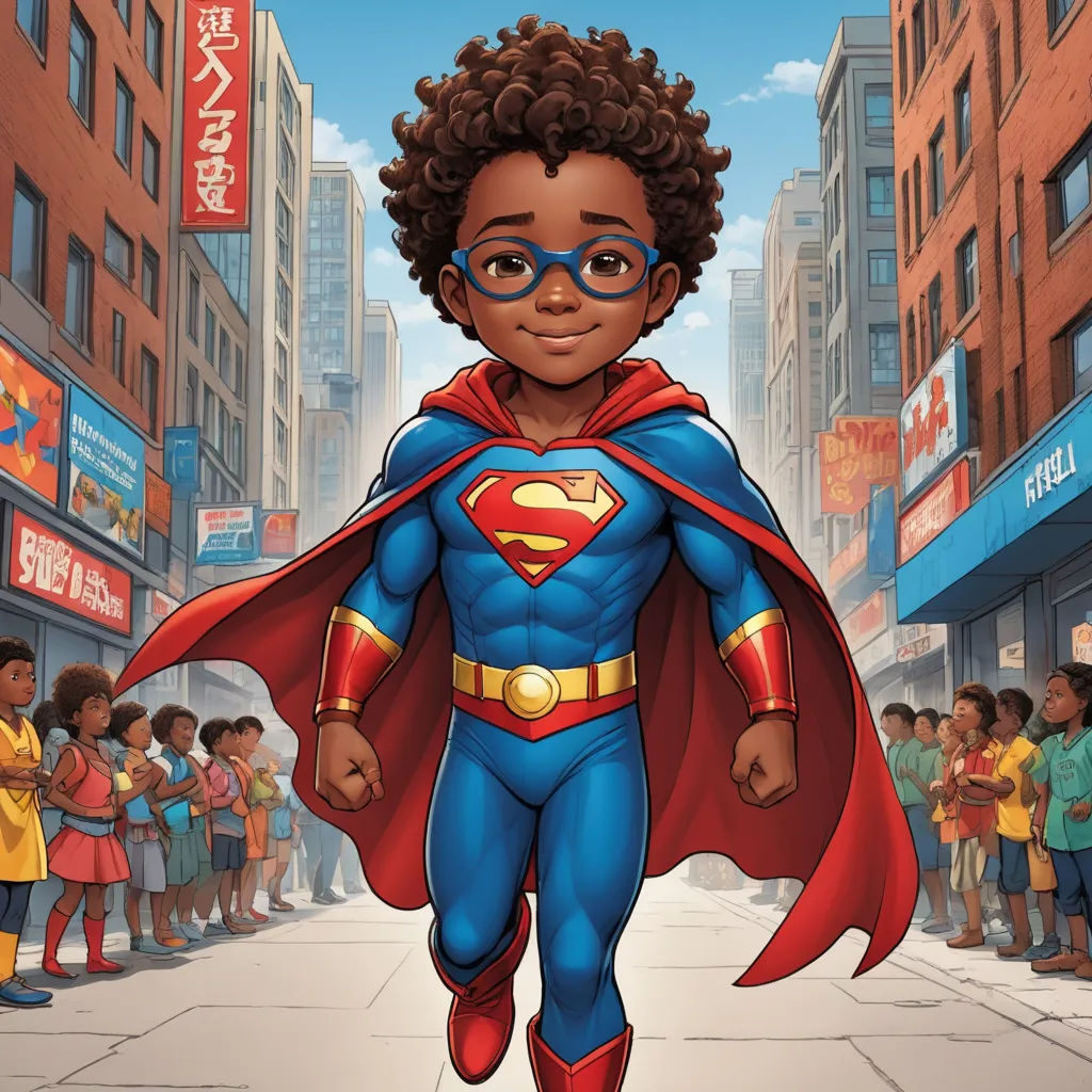 a cartoon of a boy dressed as a superman in a city street with a crowd of children standing around, afrofuturism, a comic book panel, Everett Warner, comic cover art
