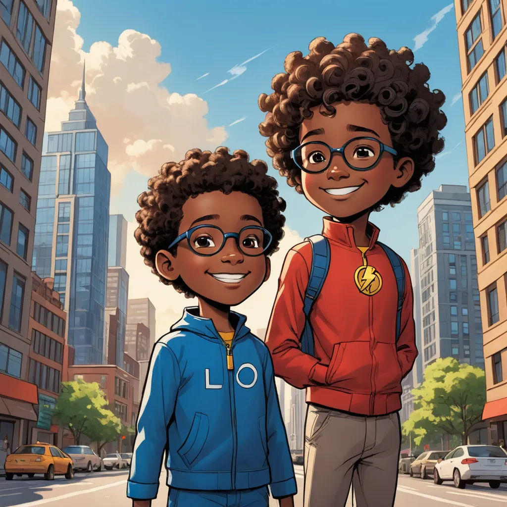 a couple of kids standing next to each other on a street with tall buildings in the background and a blue sky, afrofuturism, a comic book panel, Everett Warner, comic cover art
