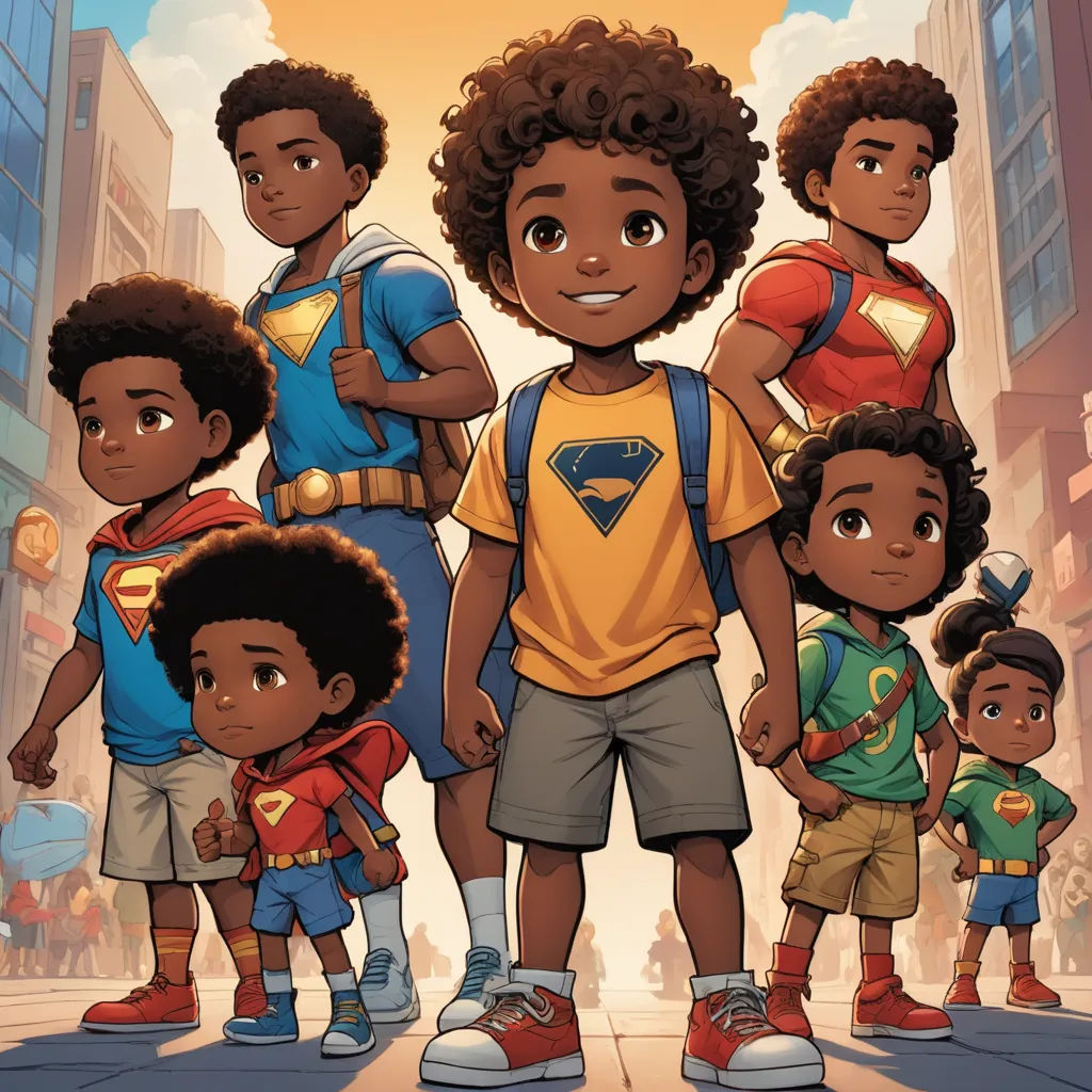 a cartoon of a group of kids standing in front of a city street with buildings and a man in a yellow shirt, harlem renaissance, a comic book panel, Everett Warner, comic cover art