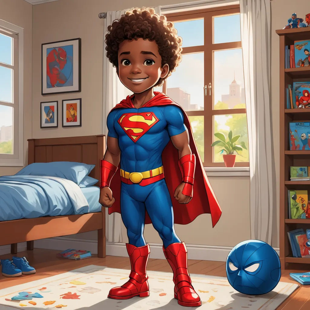 a cartoon boy in a superman costume standing in a bedroom with a bed and toys on the floor and a window, superflat, concept art, Everett Warner, official art