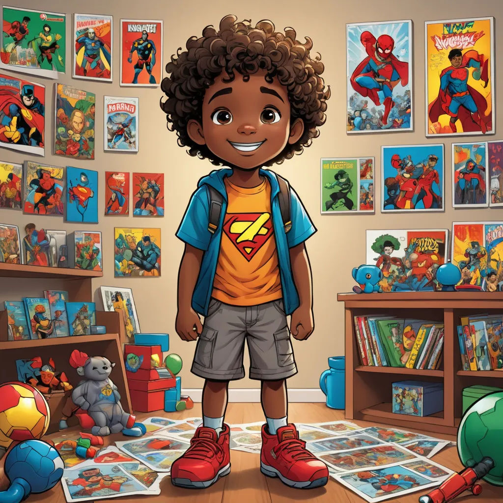 a cartoon boy standing in a room with a bunch of pictures on the wall and a teddy bear on the floor, underground comix, a comic book panel, Everett Warner, comic cover art