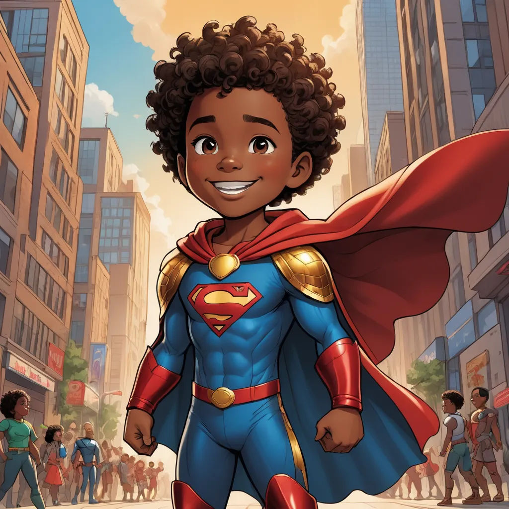 a cartoon of a young black boy dressed as a superman in a city street with people walking around him, afrofuturism, a comic book panel, Everett Warner, comic cover art