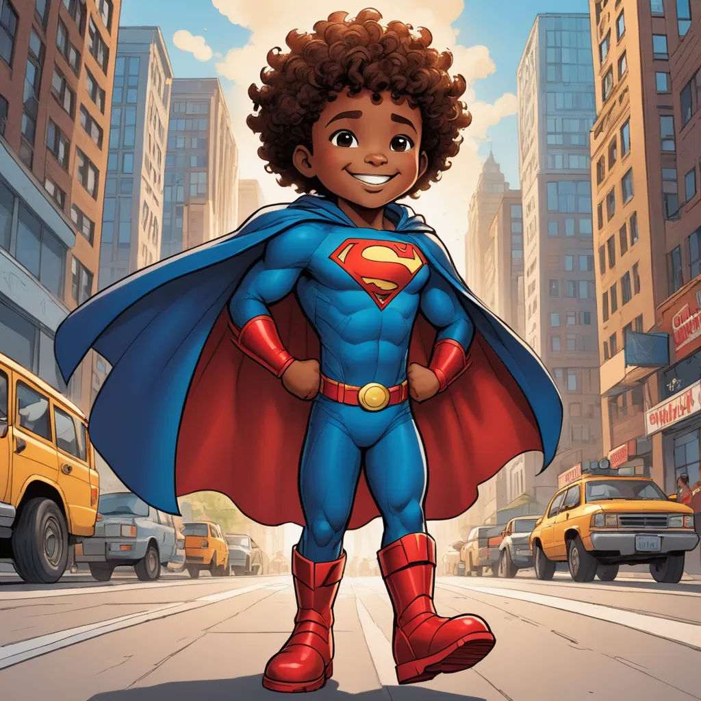 a cartoon of a boy dressed as a superman in a city street with a bus in the background and a bus stop in the foreground, superflat, a comic book panel, Everett Warner, comic cover art