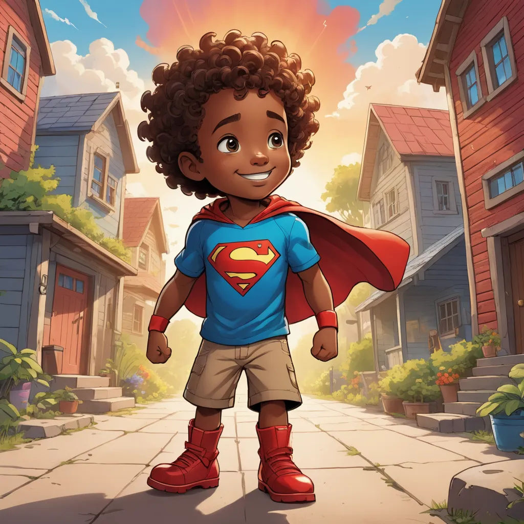 a cartoon boy in a superman shirt standing on a street with a red cape on his head and a red boot, superflat, concept art, Everett Warner, comic cover art