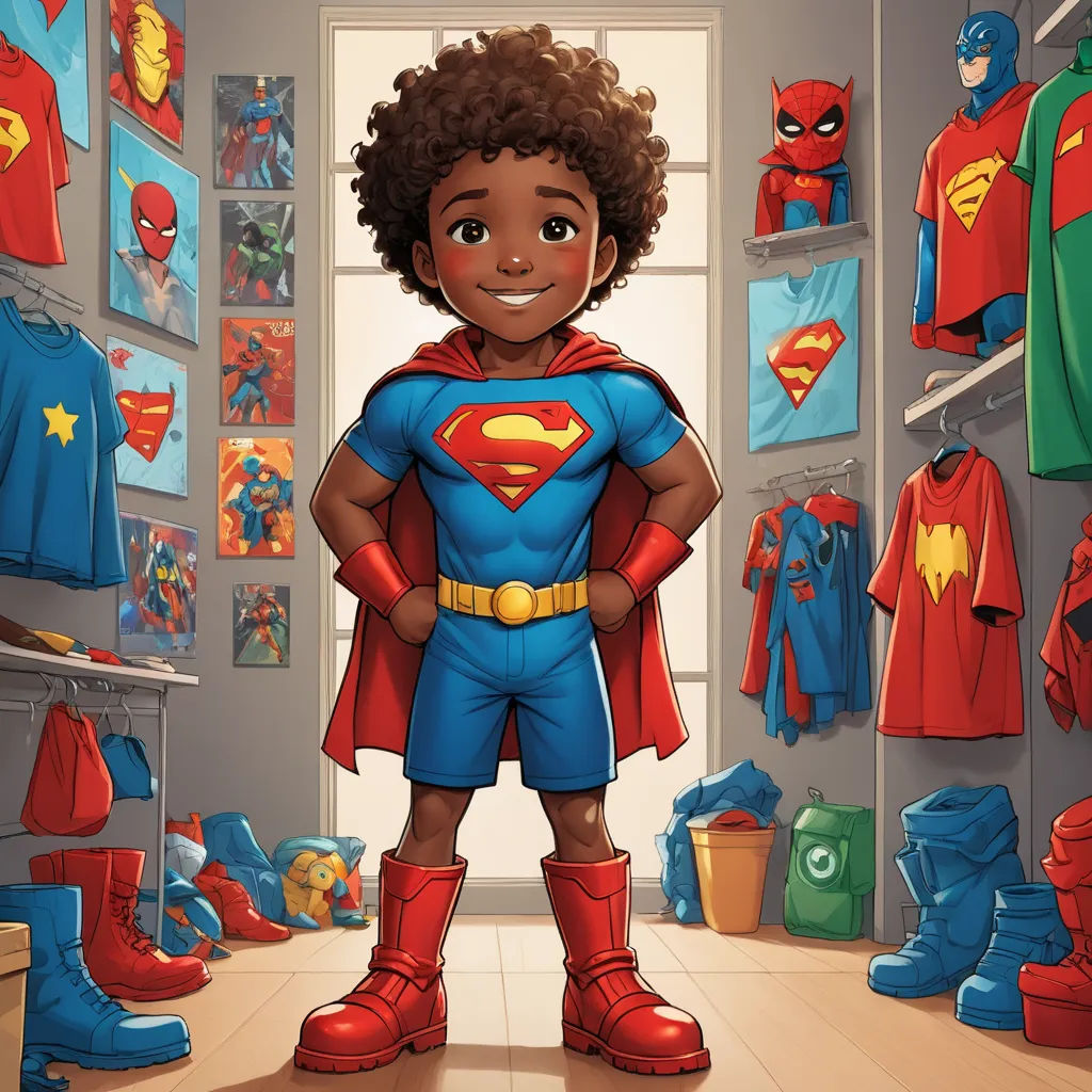 a cartoon boy dressed as a superman standing in a room full of clothes and toys, with a red cape on, superflat, a comic book panel, Everett Warner, official art