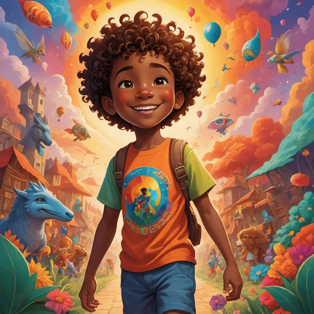 a young boy is walking through a colorful landscape with a cow and a bird on it's back, magical realism, poster art, Chris LaBrooy, comic cover art
