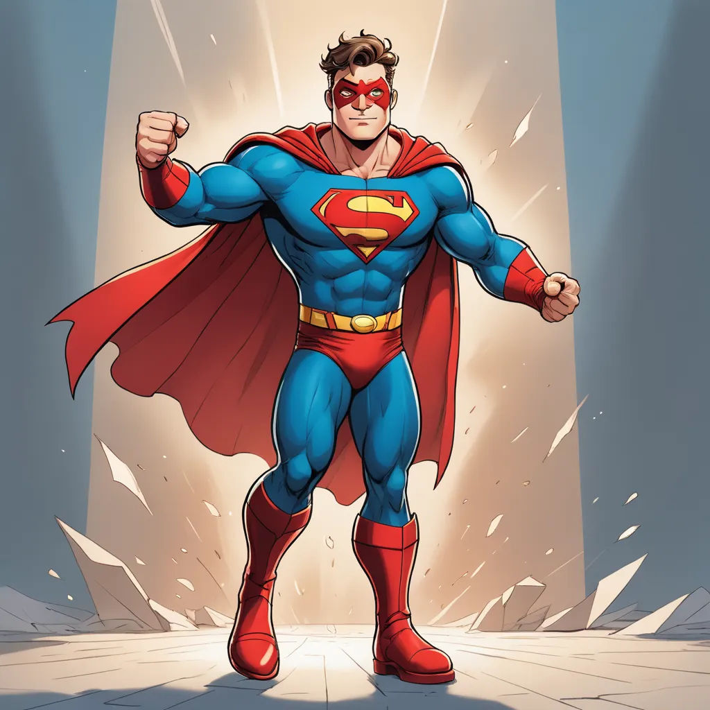 a man in a superman costume standing in front of a spotlight with his fist up and his hands in the air, superflat, a comic book panel, Artgerm, rossdraws global illumination
