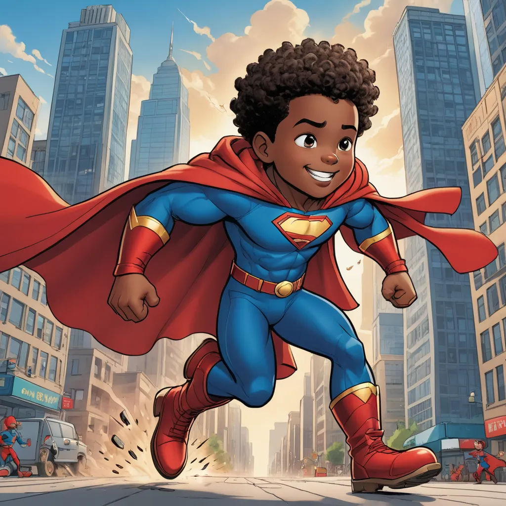 a cartoon of a man dressed as a superman running through a city street with a red cape on his head, superflat, a comic book panel, Everett Warner, comic cover art