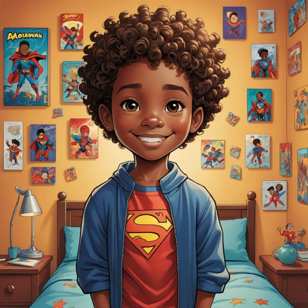 a cartoon of a boy in a superman shirt on a bed with a bunch of pictures on the wall, harlem renaissance, a comic book panel, Everett Warner, comic cover art
