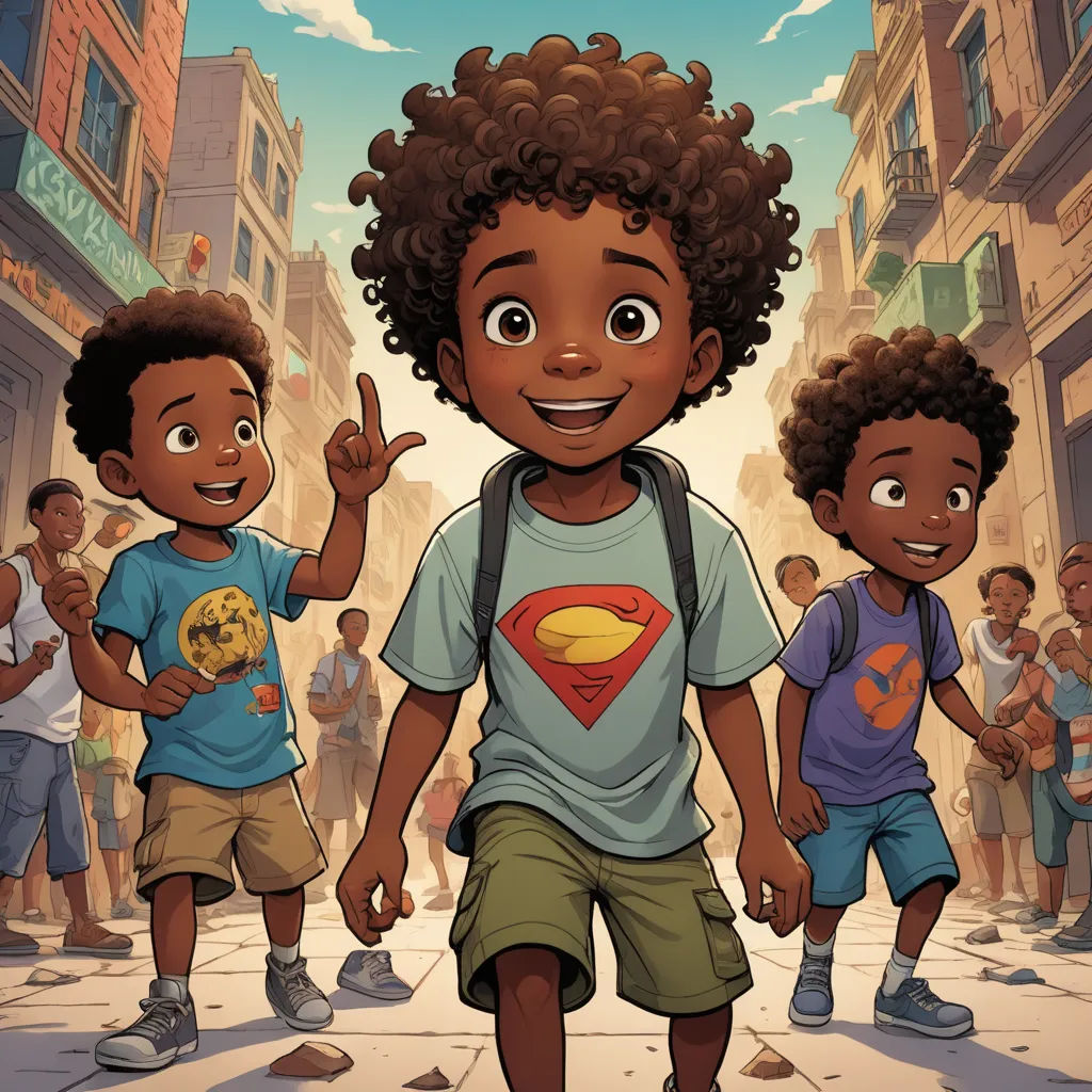 a cartoon of a boy with a superman shirt on and other children in the background standing on a city street, afrofuturism, a comic book panel, Everett Warner, comic cover art