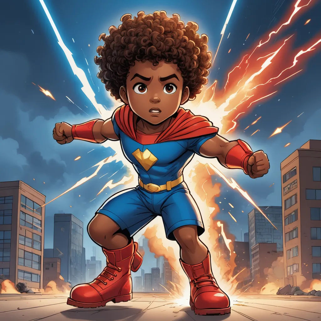 a cartoon of a young man in a superman costume with a lightning bolt in the background and buildings in the background, afrofuturism, a comic book panel, Everett Warner, comic cover art