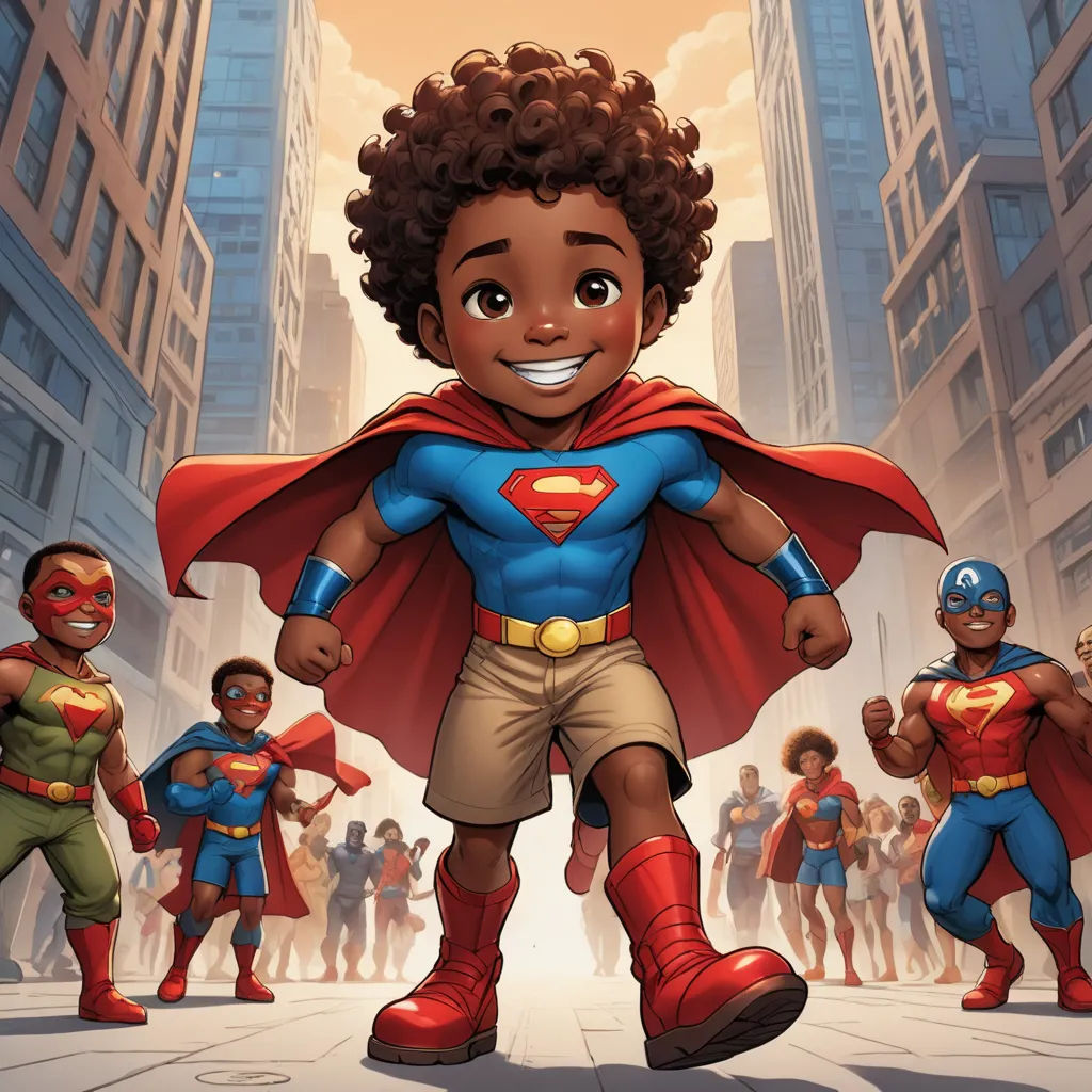 a cartoon of a boy dressed as a superman in front of a group of other superheros in a city, afrofuturism, a comic book panel, Everett Warner, comic cover art