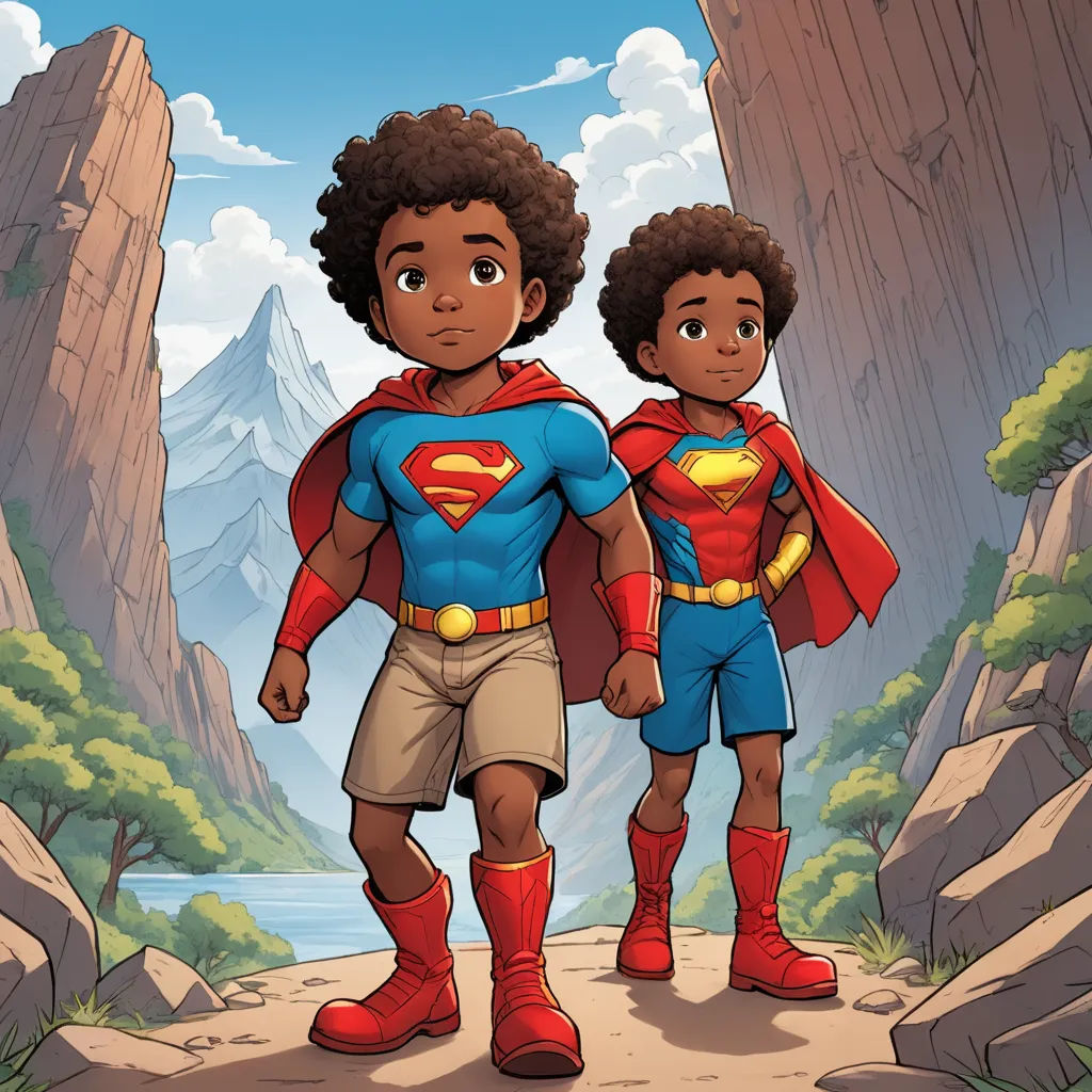 a cartoon of two children dressed as superman and wonder in a rocky landscape with mountains in the background and a river running between them, afrofuturism, concept art, Everett Warner, comic cover art