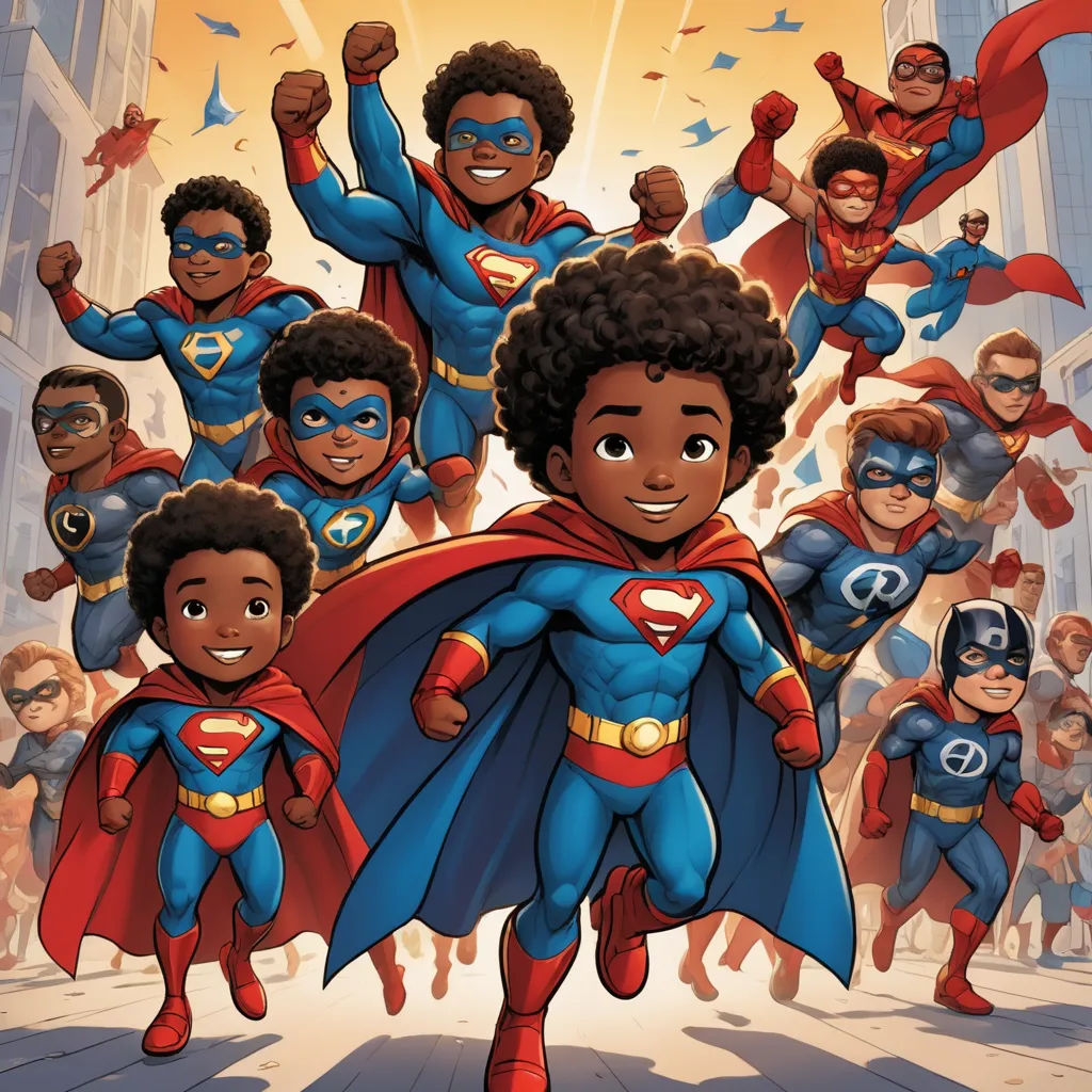 a cartoon of a group of people dressed as supermans and their children in the city with a sky background, harlem renaissance, a comic book panel, Everett Warner, comic cover art