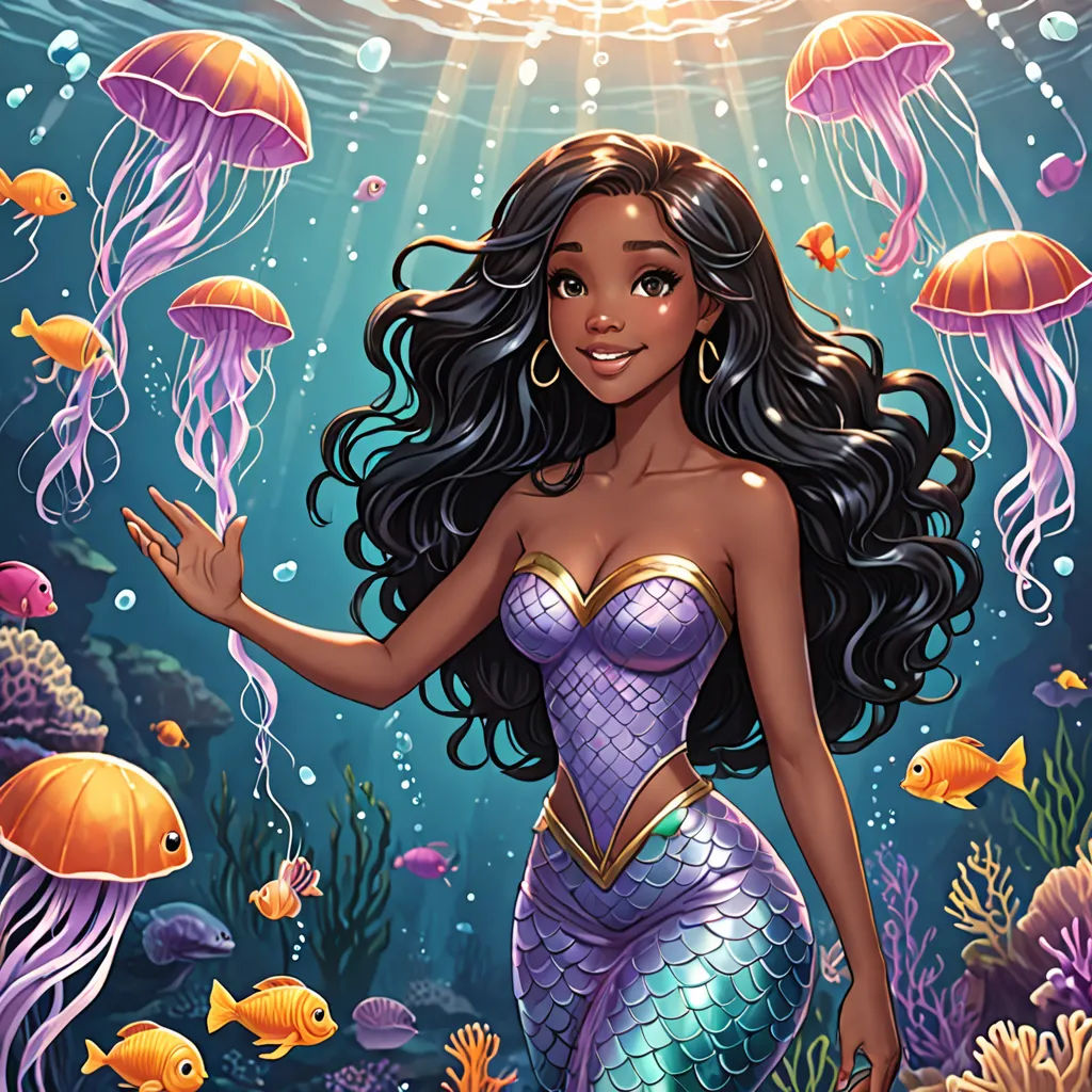 a beautiful mermaid with long hair and a fish in her hand is standing under the water with jelly fish, Cliff Childs, fantasy art, a comic book panel, kinkade