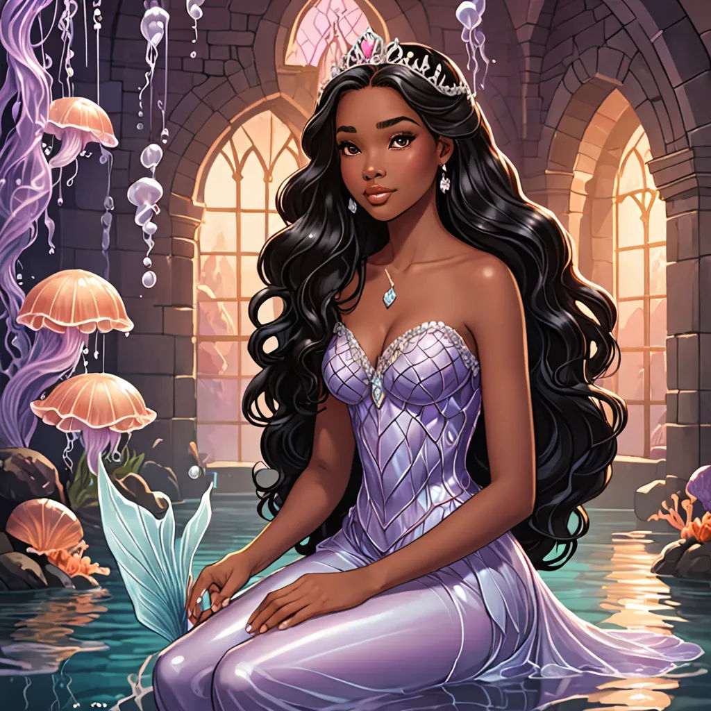 a beautiful young lady sitting on top of a mermaid in a purple dress and a tiara on her head, disney, fantasy art, a character portrait, kinkade