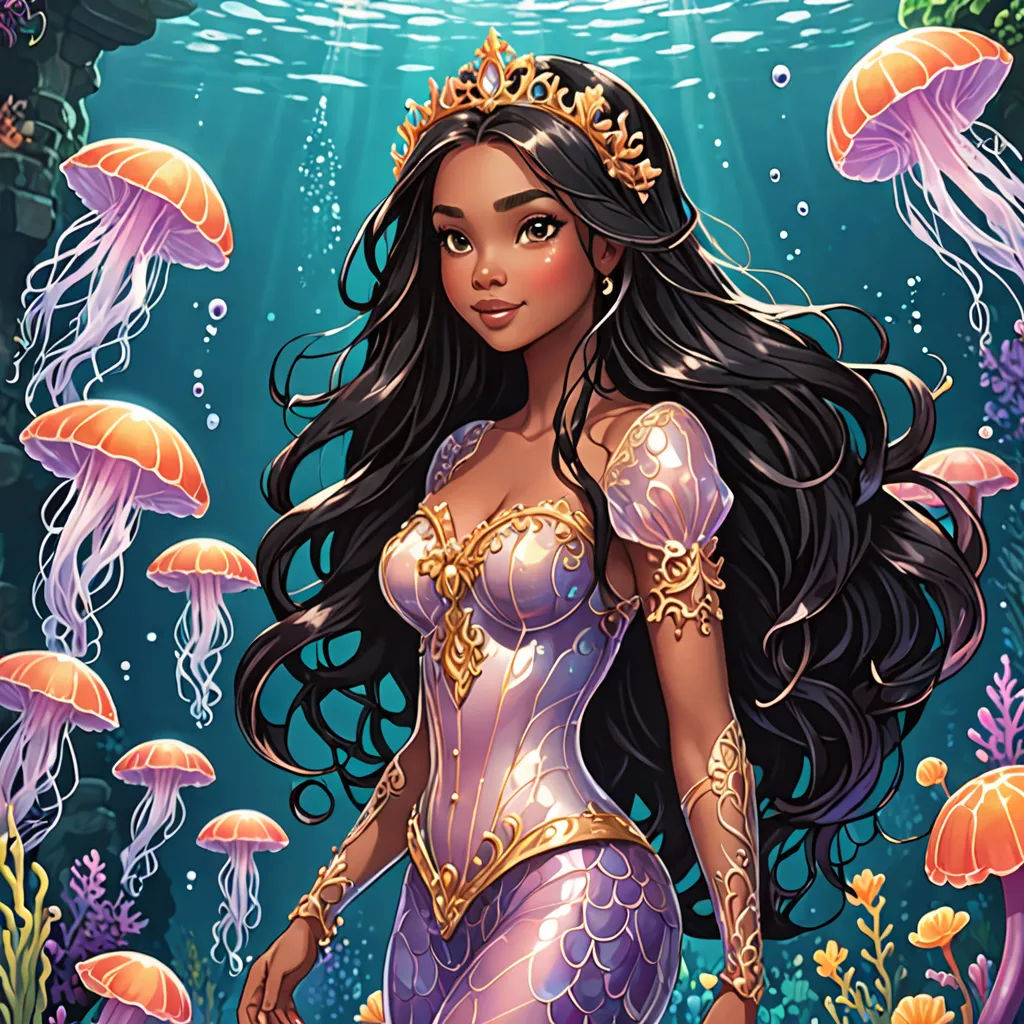 a beautiful mermaid with long hair and a crown on her head standing in the water with jellys and jellyfish, Artgerm, fantasy art, a storybook illustration, kinkade