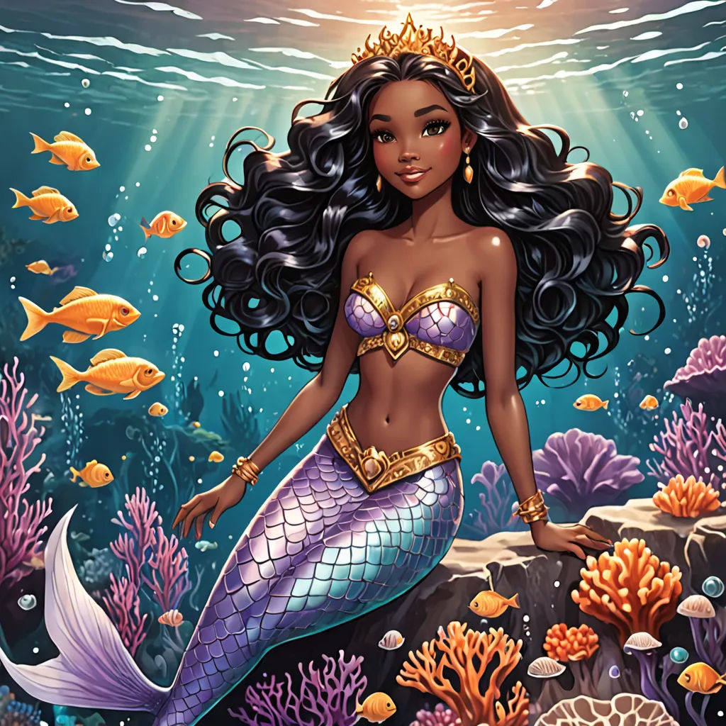 a mermaid with long hair and a crown on her head is sitting on a rock under the water with fish, Drew Struzan, fantasy art, a storybook illustration, kinkade