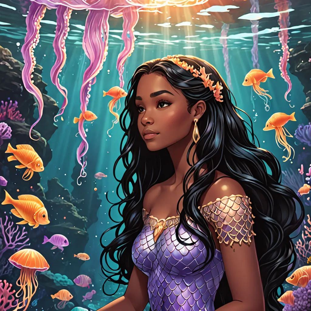 a beautiful woman in a purple dress under the sea with jelly fish and jellyfish in her hair, under the water, Edwin Georgi, fantasy art, a storybook illustration, kinkade