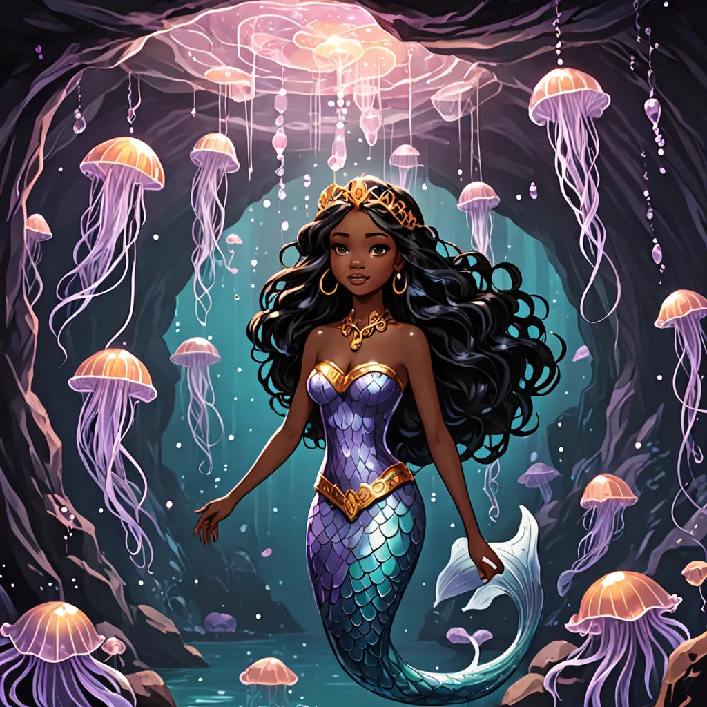 a beautiful mermaid with long hair standing in a cave with jelly jellys floating around her and a crown on her head, Craola, fantasy art, a storybook illustration, fantasy illustration