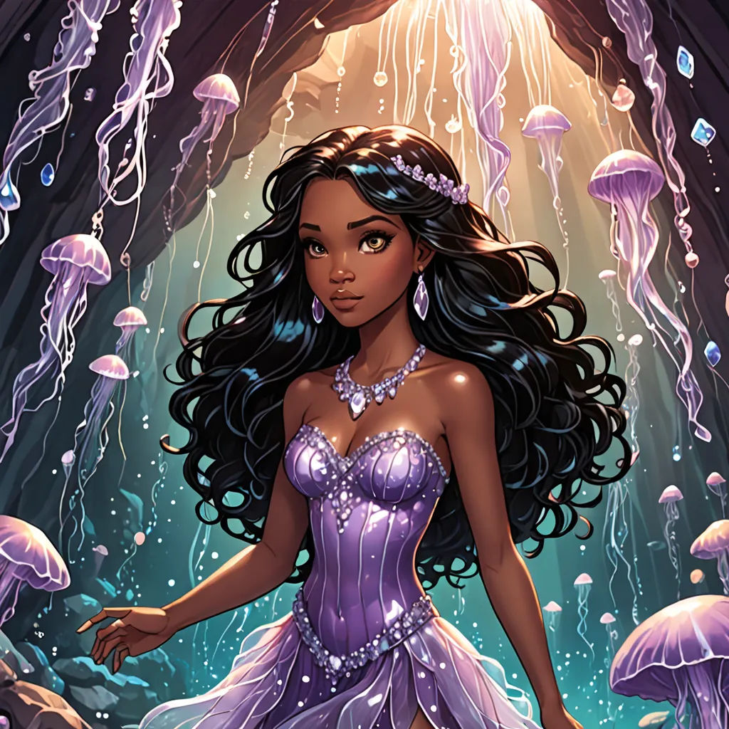 a beautiful young woman in a purple dress under jellys in a cave with jellyfishs floating around, Brom, fantasy art, a storybook illustration, kinkade
