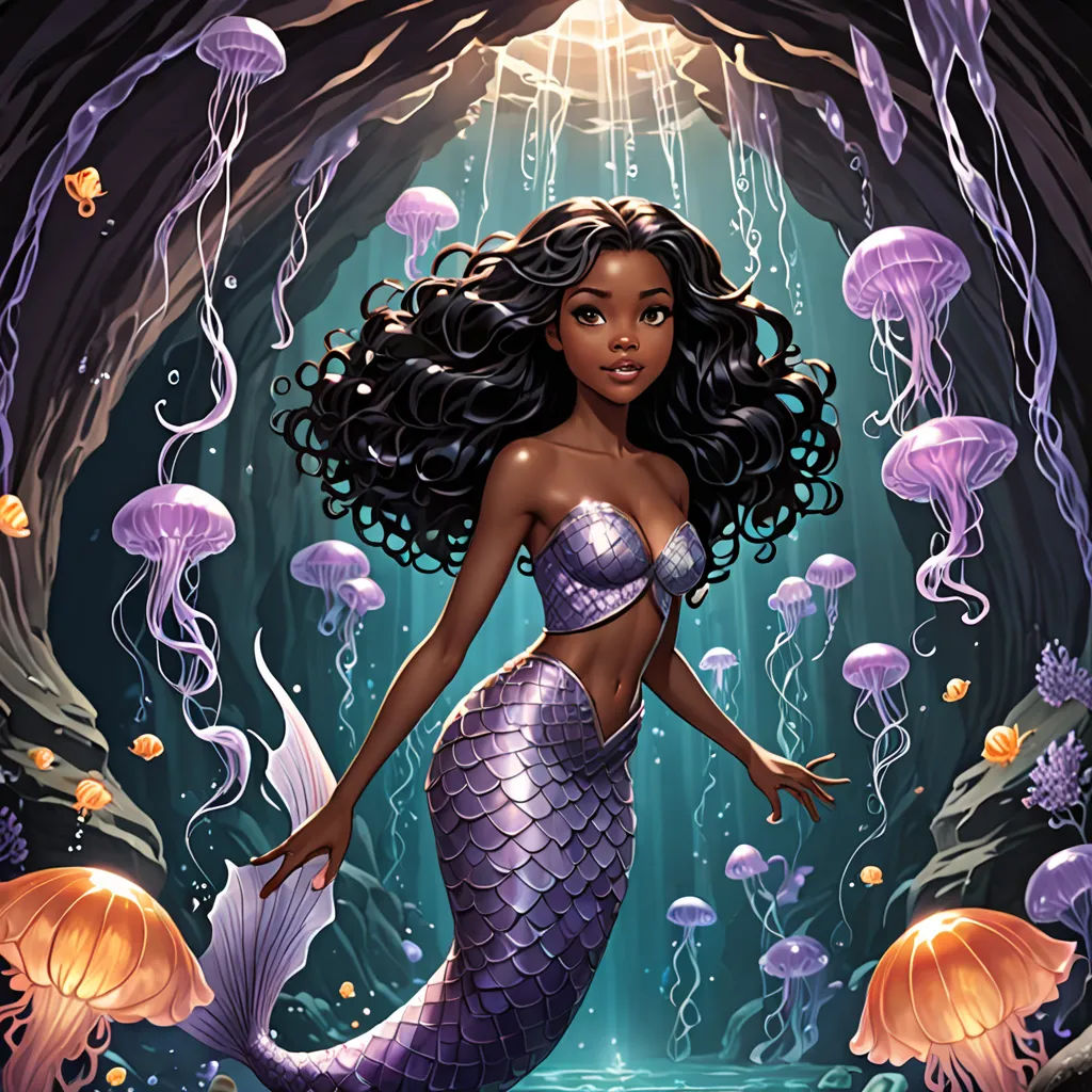 a beautiful mermaid with long hair standing in a cave with jelly fish and jelly fish around her neck and under her belly, Cliff Childs, fantasy art, a storybook illustration, kinkade